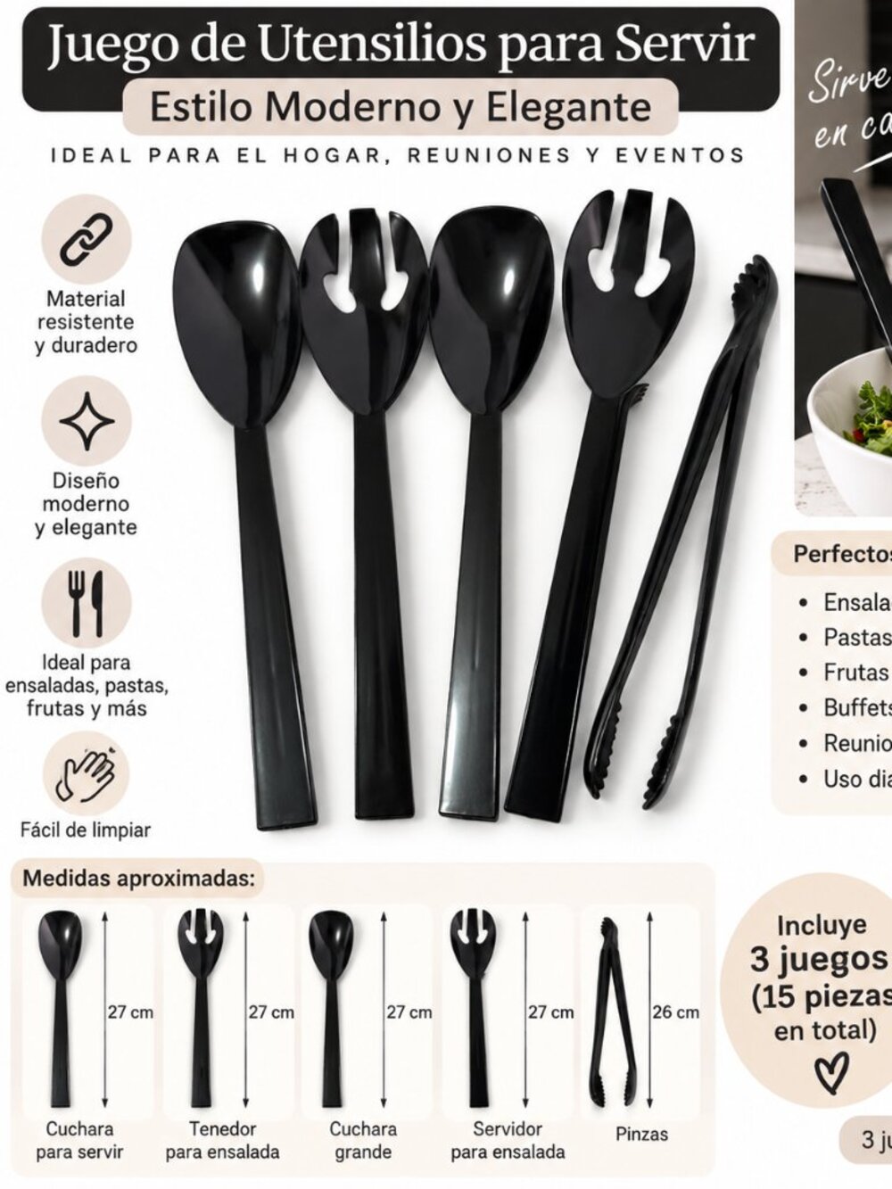 3 Juegos de Utensilios para Servir Negros – 15 Piezas – Nuevos